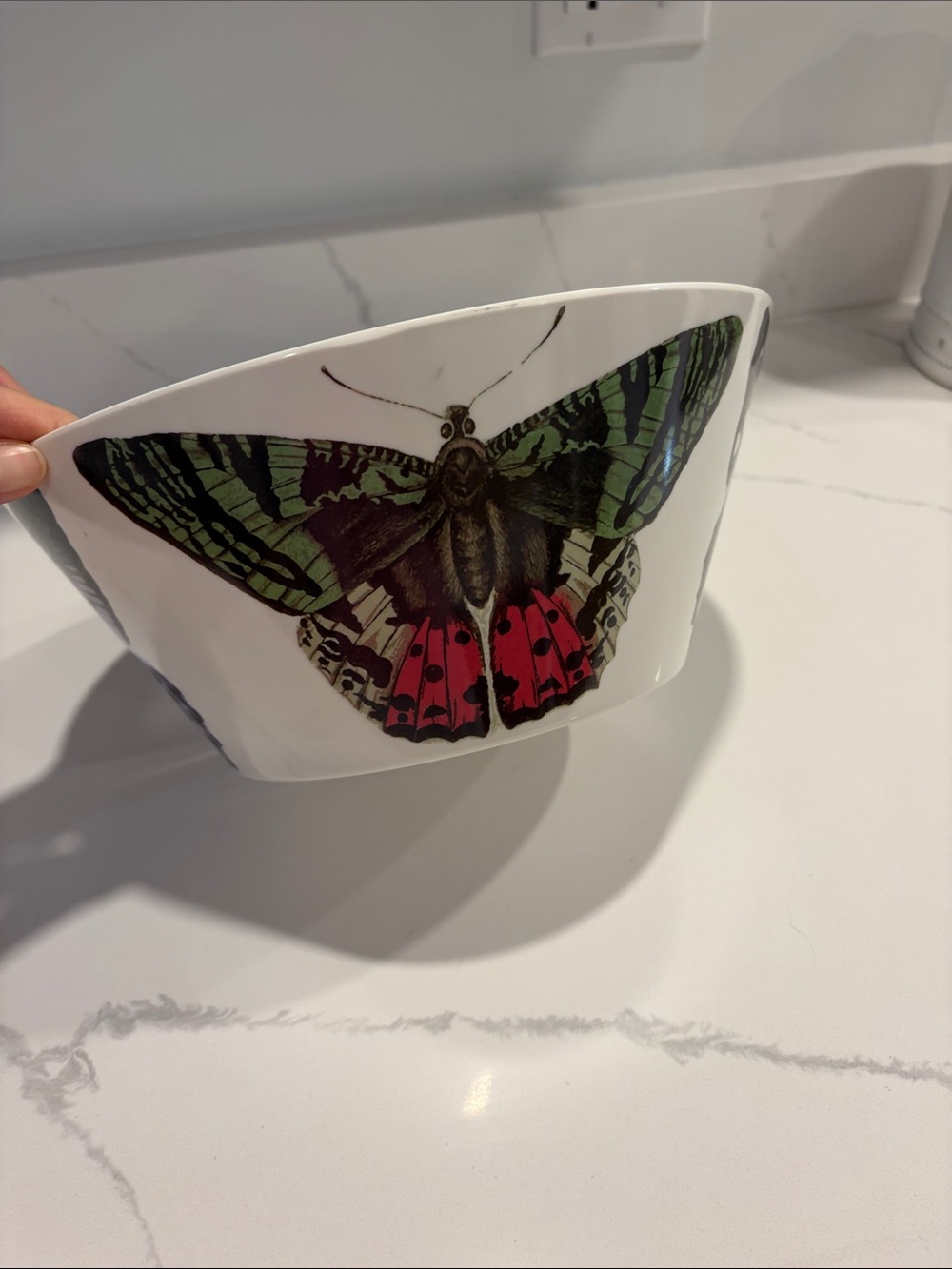 Anthropologie Bowl with Green and Pink Butterfly Motif